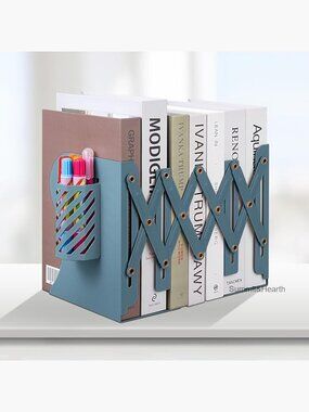 Adjustable Metal Bookends Expandable to 19 Inches with Pen Holder